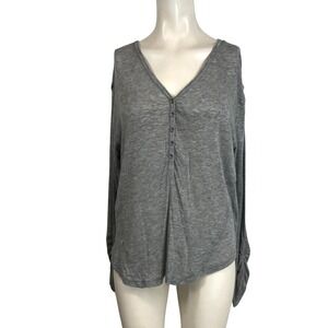 WE THE FREE Grey Henley V Neck Long Sleeve Open Back Twist Detail Top